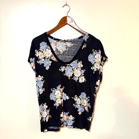 LOFT Tops - Floral Loft Linen Blend Scoop Neck Short Sleeve Top M